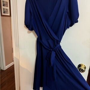 EUC, DKNY Satiny blue dress with v-neck
